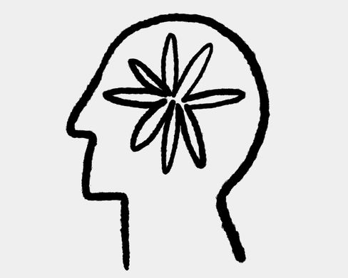 AtelierBesuche - Schlichte schwarze Linienzeichnung eines Kopfes im Seitenprofil auf hellgrauem Hintergrund, im Inneren des Kopfes ein achtblättriges, blumenartiges Symbol.