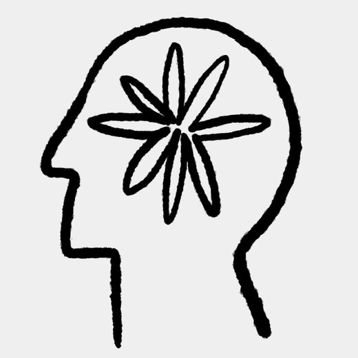 AtelierBesuche - Schlichte schwarze Linienzeichnung eines Kopfes im Seitenprofil auf hellgrauem Hintergrund, im Inneren des Kopfes ein achtblättriges, blumenartiges Symbol.