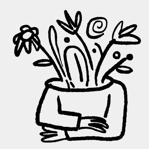 Finanzierung-Herobild - Oberkörper mit teilweise verschränkten Armen; der Hals ist ab den Schultern nicht sichtbar, stattdessen wachsen Blumen aus dem Halsbereich.