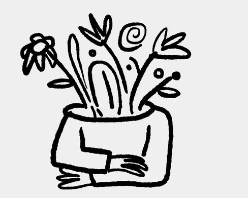 Finanzierung-Teaserbild - Oberkörper mit teilweise verschränkten Armen; der Hals ist ab den Schultern nicht sichtbar, stattdessen wachsen Blumen aus dem Halsbereich.