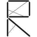 Grafiken 95% - R - Ein stilisierter schwarzer Buchstabe „R“, aus stabartigen Elementen in der Art von Uhrzeigern aufgebaut, die durch dünnere schwarze verbindende Linien ergänzt sind, auf weißem Hintergrund.