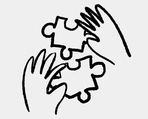 Workshops - Schlichte schwarze Linienzeichnung auf hellgrauem Hintergrund: Zwei Hände halten jeweils ein Puzzleteil und fügen diese zusammen.