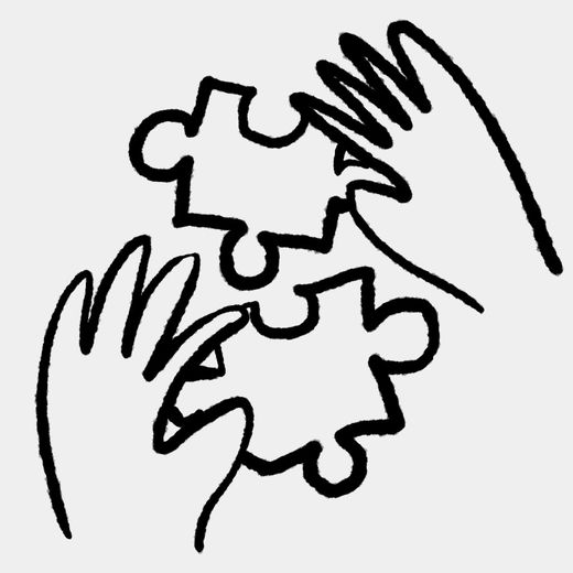 Workshops - Schlichte schwarze Linienzeichnung auf hellgrauem Hintergrund: Zwei Hände halten jeweils ein Puzzleteil und fügen diese zusammen.